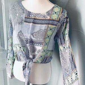 Altar'd State Blue Green Long Sleeve Crop Blouse